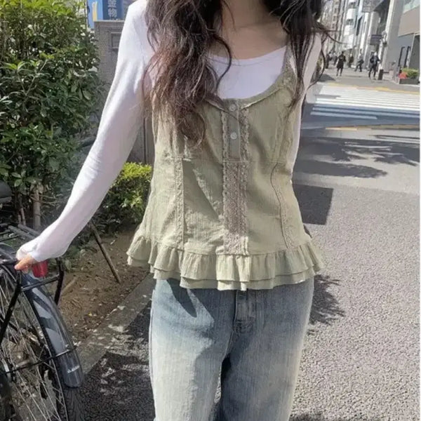 [BUNJANG] Anyone More Made Hare Spring Frill Lace Sleeveless Top / 애니원모어 [MADE] 하레 스프링 프릴 레이스 나시 옷장정리 에이블리 지그재그