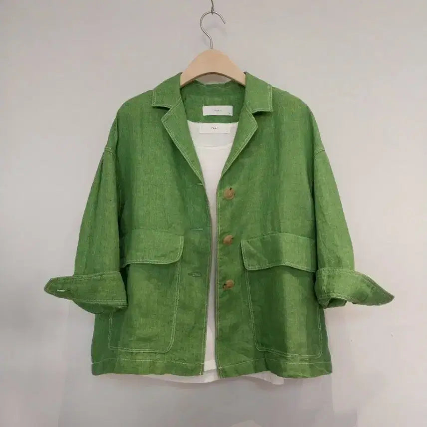 [BUNJANG] Olive Green 7/10 Sleeve Linen Jacket / 올리브그린 7부소매 린넨자켓