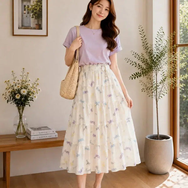 [BUNJANG] Floral Print Tiered Maxi Skirt / 플로럴 나염 캉캉 스커트