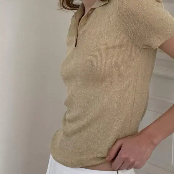 [BUNJANG] Onse Glitter Collar Short Sleeve Knit / 온스 글리터 카라 반팔 니트