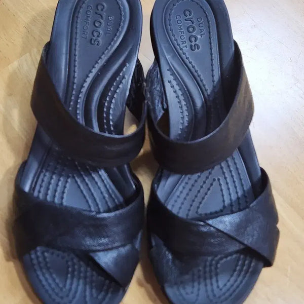 [BUNJANG] Crocs Rayan Wedge Black Leather Sandals Size 240 / 크록스  가죽 웨지힐  블랙 240  레이안웨지