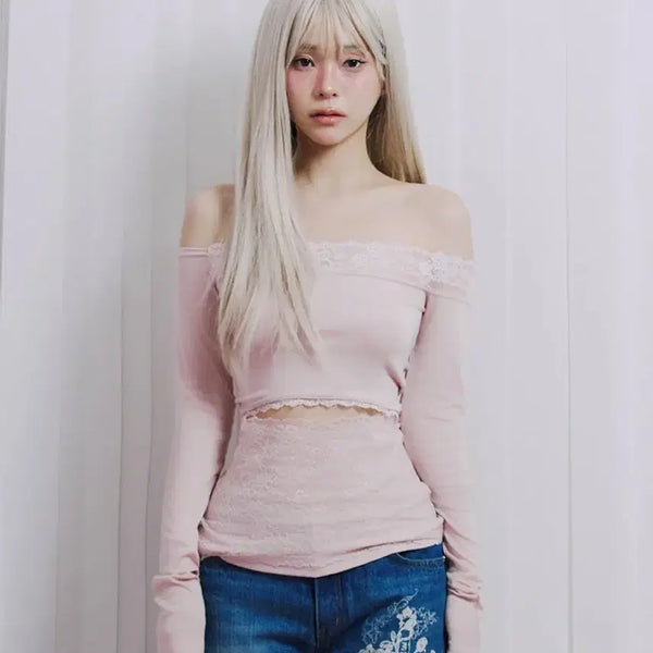 [BUNJANG] Illyo Pink Lace Off-Shoulder Long-Sleeve Top / 일리오 레이스 오프숄더 롱슬리브 핑크 슬리브 긴팔 긴팔티 Pink lace off shoulder longsleeve 일리고 더티스 클리시어 쓰리타임즈 페인오어플레져 에트오소메