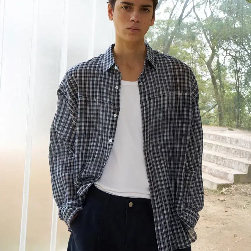 [BUNJANG] Mood Inside Pony Thin Summer Check Shirt Navy M / [새상품] 무드인사이드 포니 얇은 여름 체크셔츠