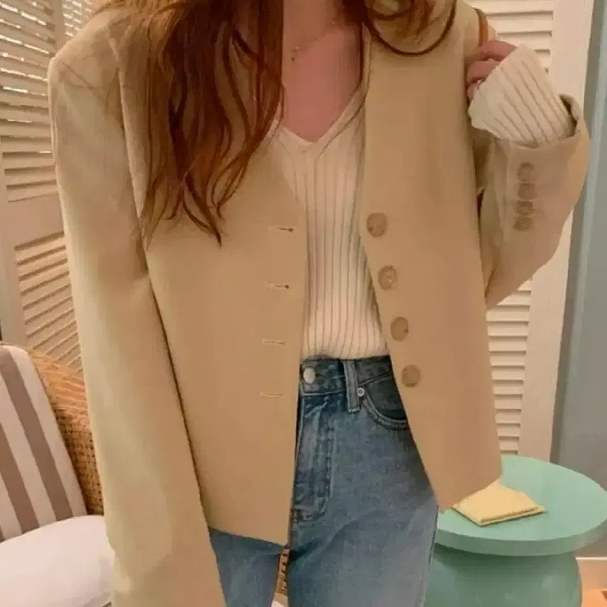[BUNJANG] Beige Four-Button Open Collar Jacket (New) / [새상품] 베이지 포버튼 자켓