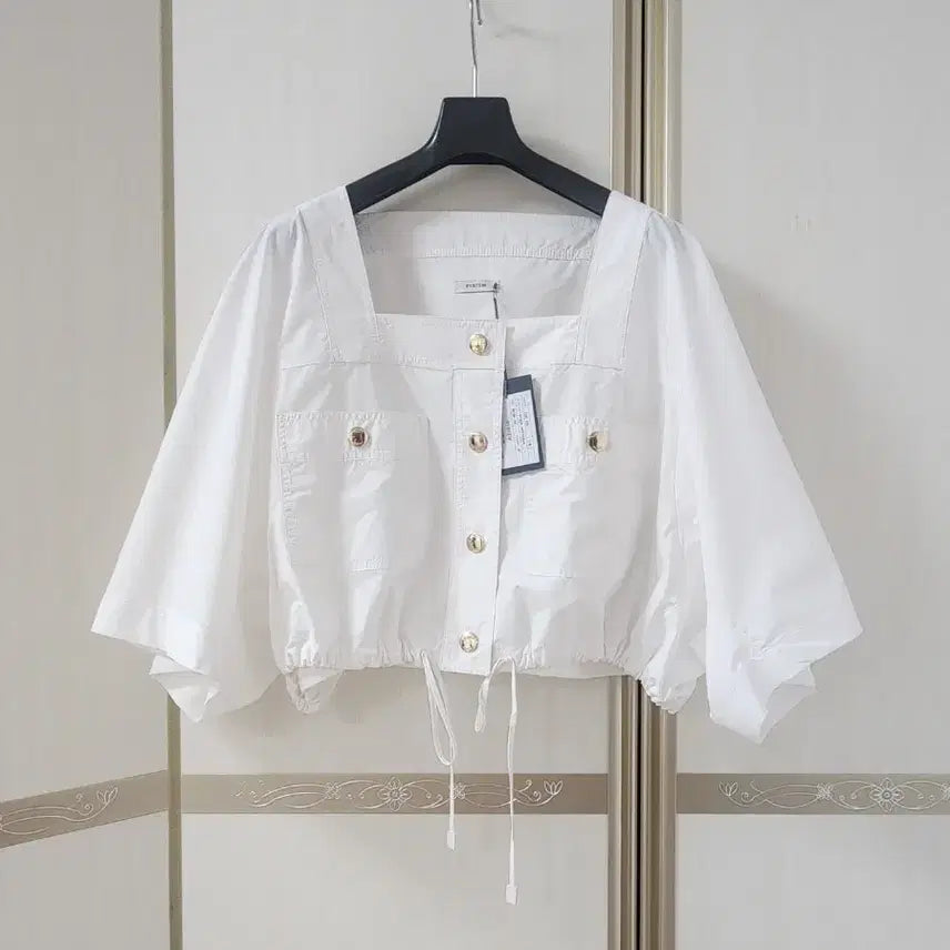 [BUNJANG] System Square Neck Drawstring Cropped Shirt Jacket / 한섬 시스템 스퀘어넥 드로우스트링 크롭 탑 셔츠 자켓. 새상품