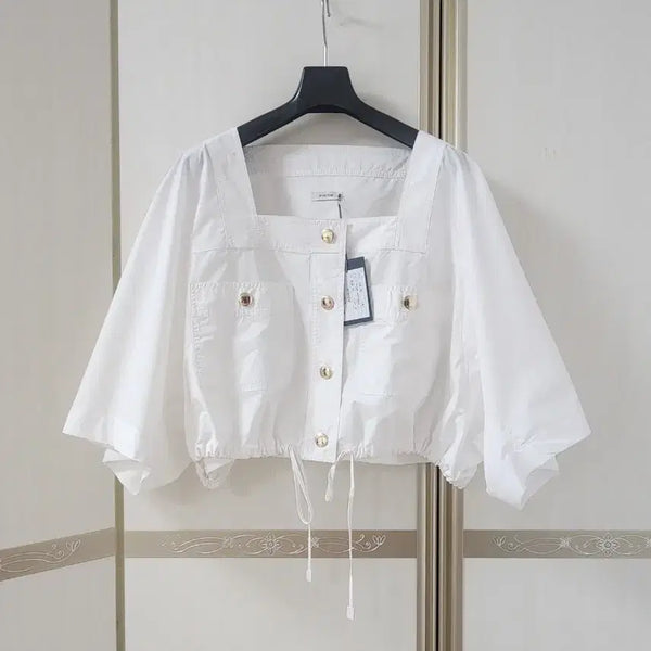 [BUNJANG] System Square Neck Drawstring Cropped Shirt Jacket / 한섬 시스템 스퀘어넥 드로우스트링 크롭 탑 셔츠 자켓. 새상품