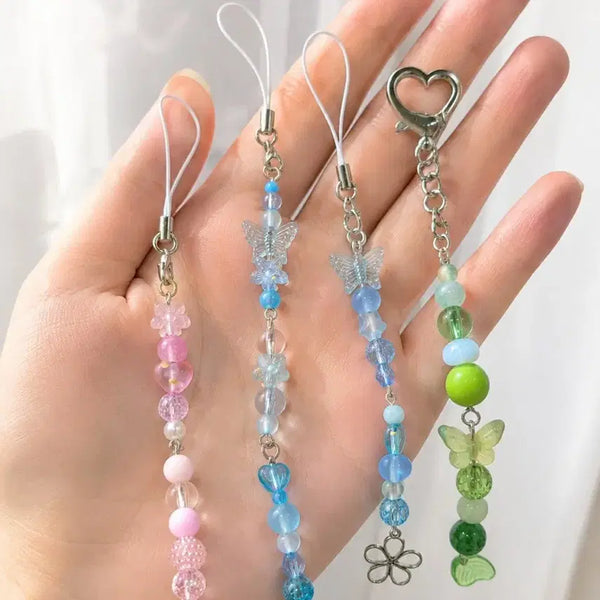 [BUNJANG] Beaded Strap Keychain with Butterfly and Flower Charms / 비즈 스트랩 키링