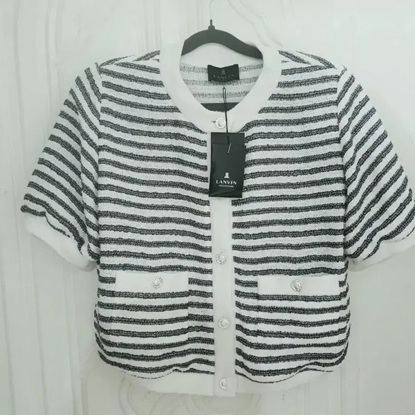 [BUNJANG] Lanvin Collection 24SS Glitter Stripe Pattern Short Sleeve Cardigan / (정품)한섬 랑방 컬렉션 24SS 글리터 스트라이프 패턴 포켓 단추 디테일 반팔 가디건