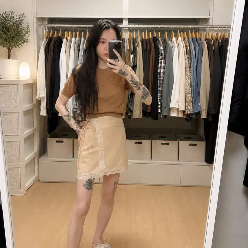 [BUNJANG] ZARA Beige Lace Wrap Mini Skirt / ZARA 자라 베이지 레이스 랩 미니스커트