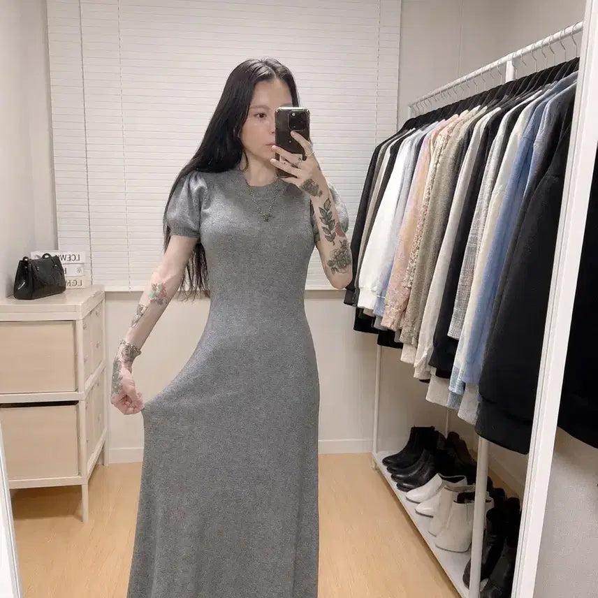 [BUNJANG] Grey Puff Sleeve Slim Fit Long Dress / 그레이 퍼프소매 슬림핏 롱원피스