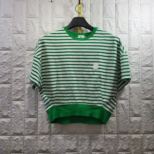 [BUNJANG] Green Striped Short Sleeve Knit / 초록 줄무늬 반팔 니트