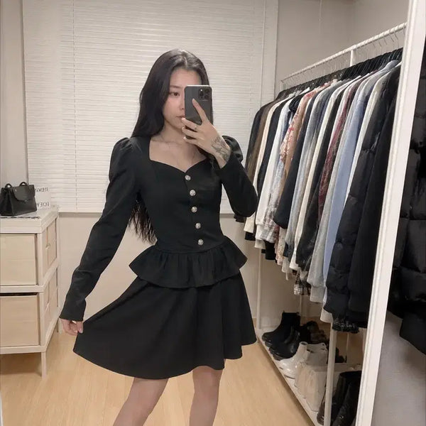 [BUNJANG] Black Puff Sleeve Peplum Button Mini Dress / 블랙 퍼프소매 페플럼 버튼 미니원피스