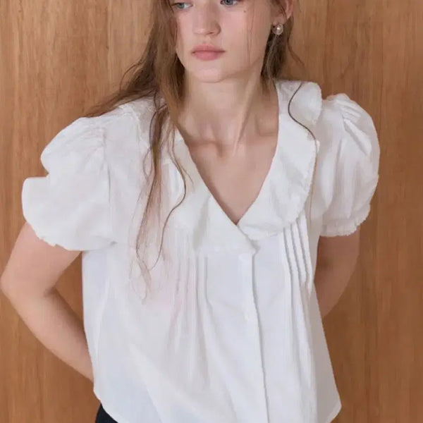 [BUNJANG] Sli Pintuck Frill Cotton Blouse - White / 슬리  핀턱 프릴 코튼 블라우스_화이트