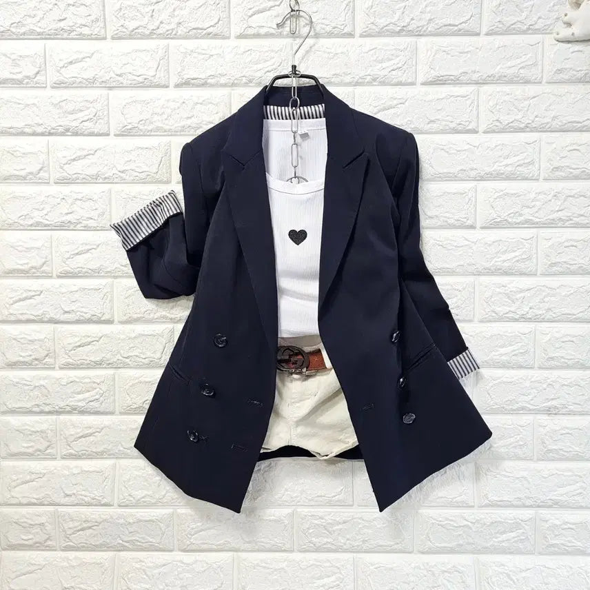 [BUNJANG] Double Button Cropped Sleeve Jacket Navy / 더블 버튼 자켓