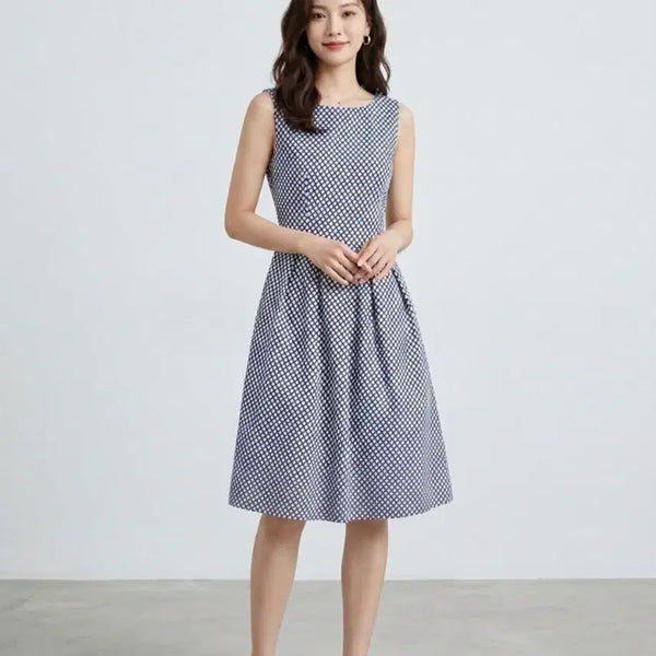 [BUNJANG] Lyrique Paris Navy Geometric Pattern Sleeveless A-Line Dress / 리리크 파리 44 S 네이비 기하학 패턴 민소매 원피스 레이온100%