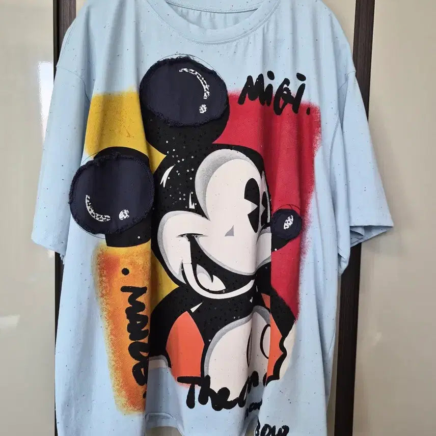 [BUNJANG] Mickey Mouse Sequin Graphic Oversized T-Shirt / 미키마우스 오버핏 반팔티