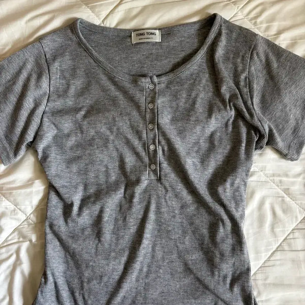 [BUNJANG] Henry Neck Grey Short Sleeve T-Shirt / 헨리넥 그레이 반팔