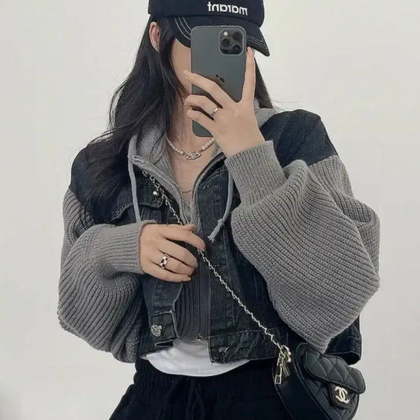 [BUNJANG] Black Denim Knit Mix Jacket / 흑청 니트 데님 자켓