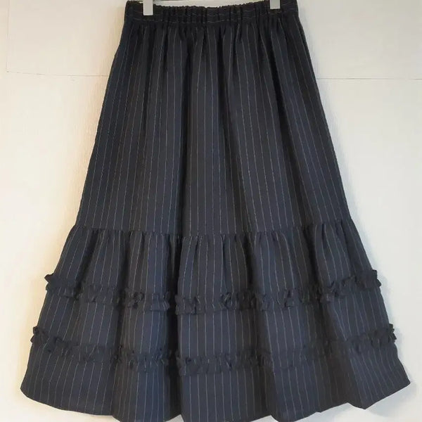 [BUNJANG] Handmade Navy Striped Ruffle Midi Skirt / 진곤색미디프릴캉캉스커트