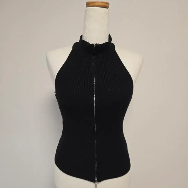 [BUNJANG] Black Sleeveless Knit Crop Zip-Up Tank Top / (free)크롭 홀터넥 집업