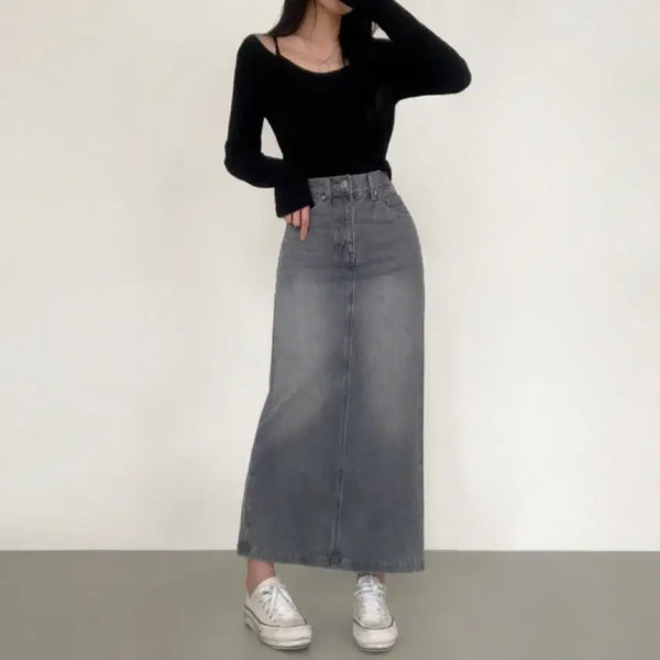 [BUNJANG] Grey Washed Denim Long Skirt / 그레이컬러 워싱 뒷밴딩 데님 롱 스커트 에이블리 지그재그