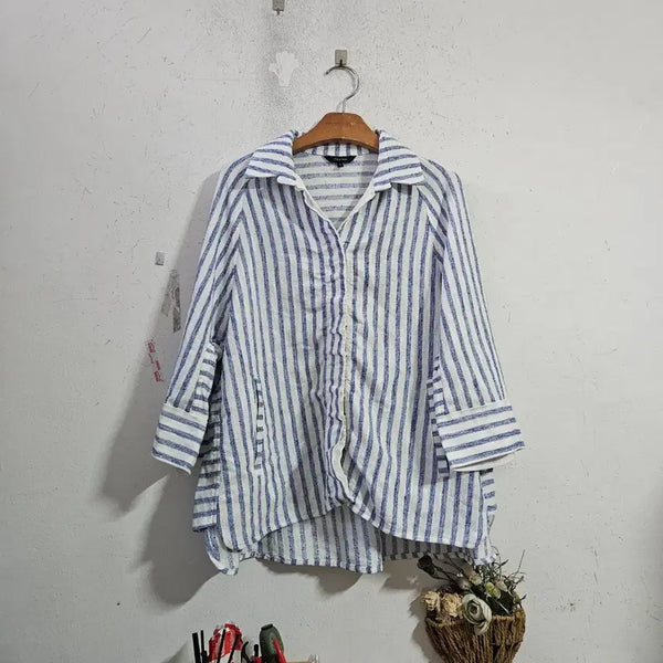 [BUNJANG] Linen Women's Stripe Jacket Blue / 리넨여성 스트라이프 자켓 블루