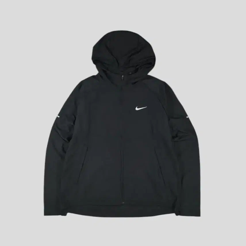 [BUNJANG] Nike Running Black Swoosh Logo Reflective Lining Raglan Lightweight Hooded Windbreaker / 나이키 러닝 블랙 스우시 로고 리플렉티브 라이닝 레글런 경량 후드 바람막이 L
