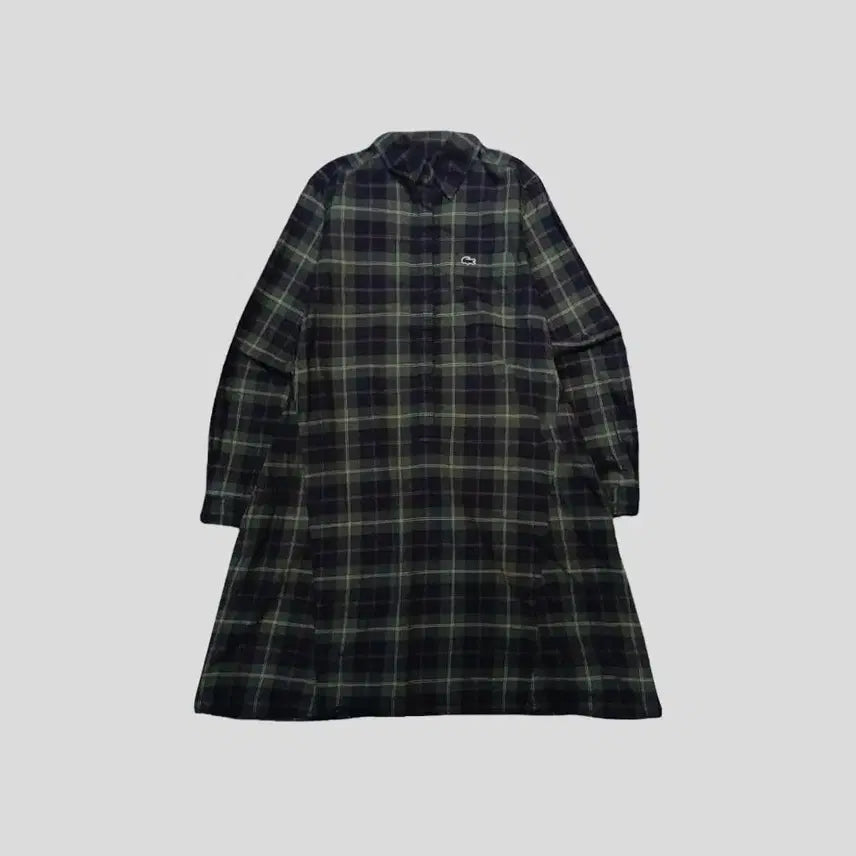 [BUNJANG] Lacoste Women's Plaid Flannel Half-Button Flare Shirt Dress / 라코스테 그린 네이비 타탄체크 패턴 크록패치 하프버튼 플레어 플란넬 남방 셔츠 원피스 WOMANS M