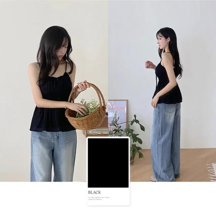[BUNJANG] Ribbon Ruffle Smocked Sleeveless Blouse Set / 리본 프릴 스모크 나시 블라우스 2개 Free
