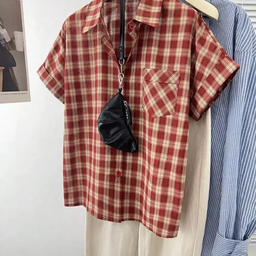 [BUNJANG] Red Plaid Short-Sleeve Shirt L / 레드 반팔체크셔츠 66 L