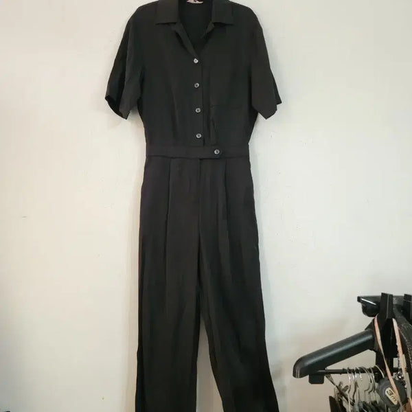[BUNJANG] Black Short Sleeve Wide Jumpsuit / 블랙 반팔 와이드 점프수트
