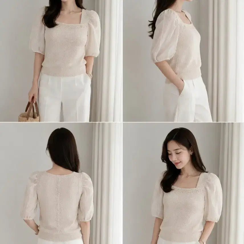 [BUNJANG] TIME 21SS Sheer Puff Sleeve Knit Blouse / 21ss 타임 TIME 시스루 퍼프소매 니트 블라우스 F(명품드라이완료)