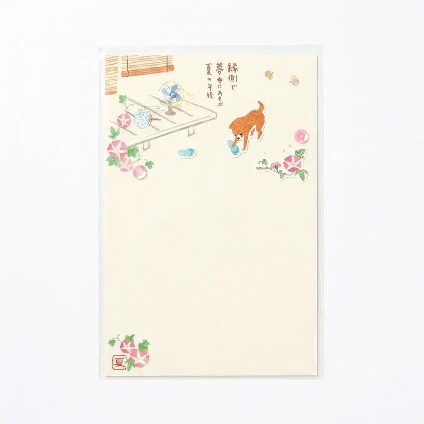 [BUNJANG] Japanese Washi Paper Postcard: Rural Summer Theme with Morning Glories and Puppy / 일본 다꾸 화지 엽서 아트 프린트 재팬 시골 여름 테마 나팔꽃 강아지 툇마루