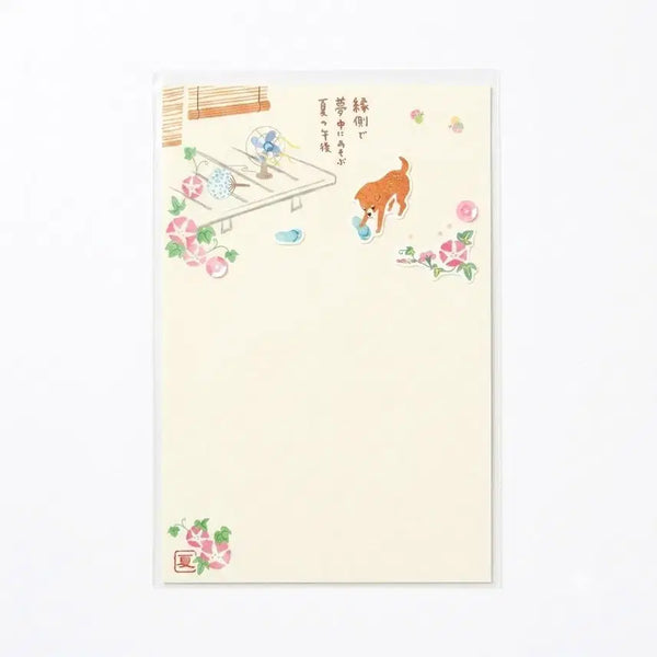 [BUNJANG] Japanese Washi Paper Postcard: Rural Summer Theme with Morning Glories and Puppy / 일본 다꾸 화지 엽서 아트 프린트 재팬 시골 여름 테마 나팔꽃 강아지 툇마루