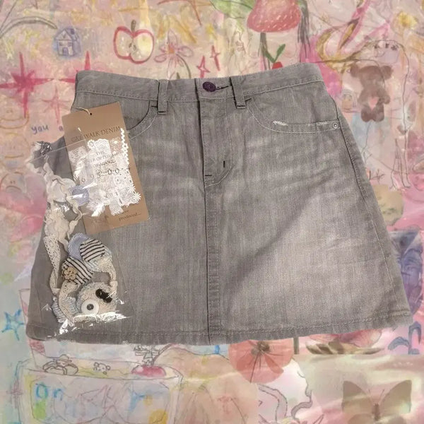[BUNJANG] Hagumi Patch Handmade Limited Edition Grey Denim Skirt / 일본 모리걸 하구미 패치 포인트 핸드메이드 한정판 그레이 데님 스커트