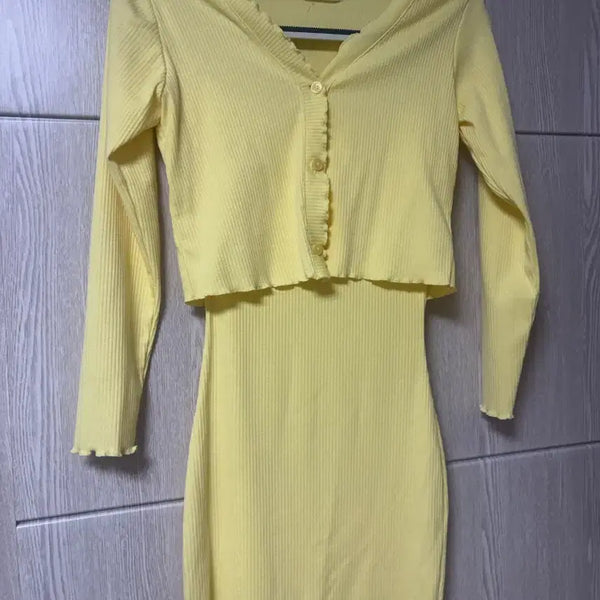 [BUNJANG] Yellow Cardigan Mini Dress Set / 옐로우 가디건 미니원피스 세트