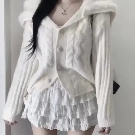 [BUNJANG] Jang Wonyoung Knit Fur Cardigan / 에이블리 장원영 니트 퍼 가디건 새상품