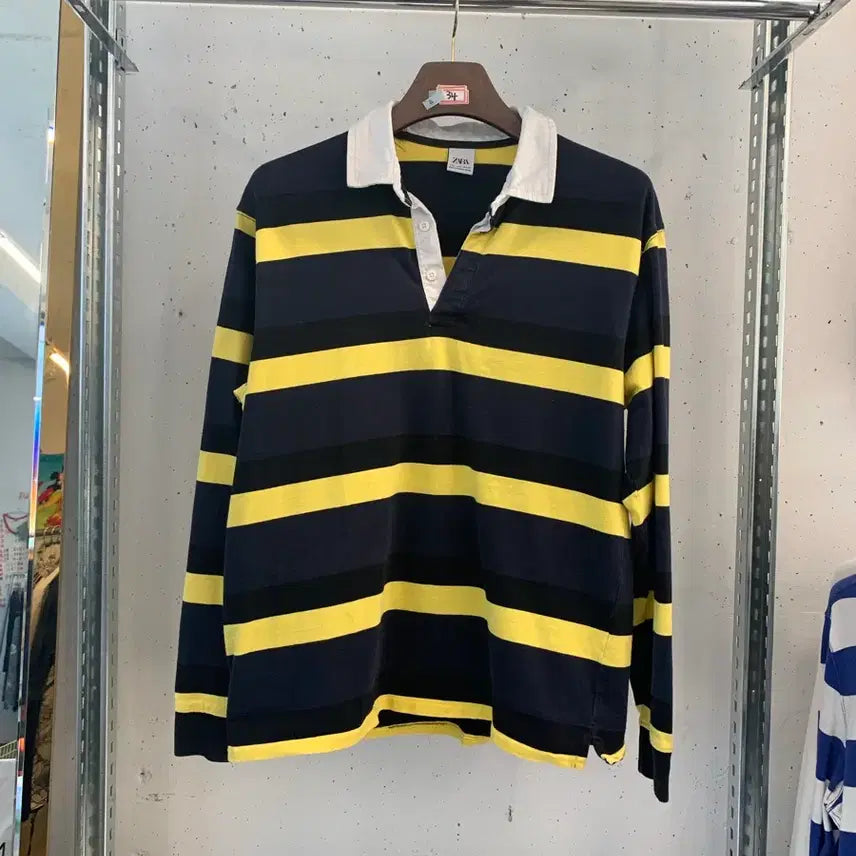 [BUNJANG] Zara Striped Long Sleeve Polo T-Shirt / 자라 카라 스트라이프 긴팔 티셔츠