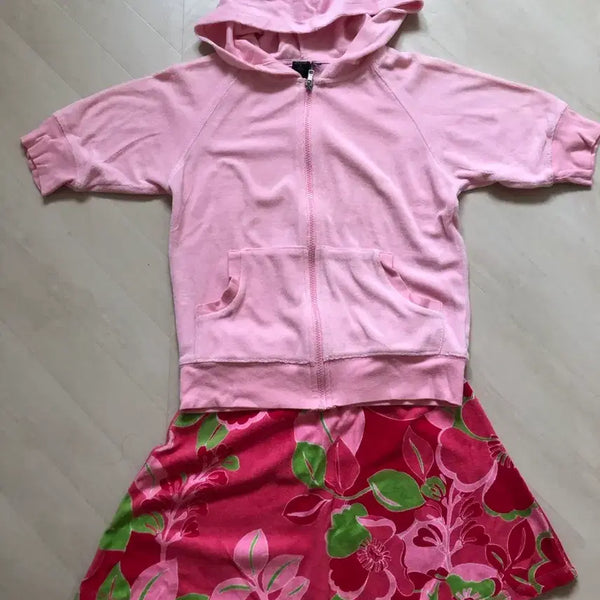 [BUNJANG] Pink Hooded Zip-Up Set with Flower Pattern Skirt / 새상품-핑크색 후드집업 세트