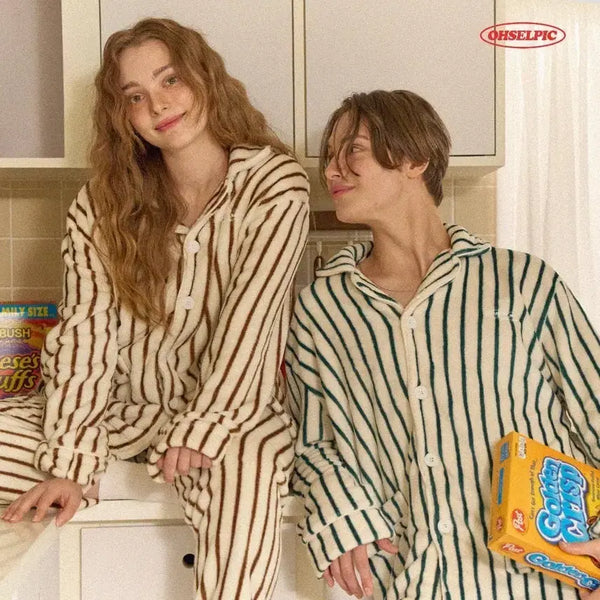 [BUNJANG] Oceleep Stripe Microfiber Pajama Set - Couple Winter Homewear XL / 오셀픽 스트라이프 극세사 파자마 수면 잠옷 세트 여성 남성 커플 겨울 홈웨어 번레드 XL
