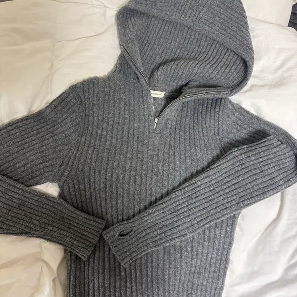 [BUNJANG] Moonsun Casual Ribbed Half-Zip Knit Hoodie / Moonsun 캐주얼 골지 후드 반집업 니트