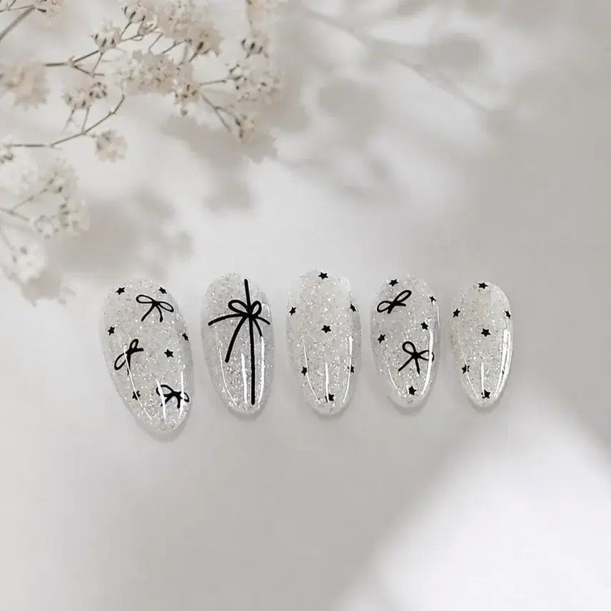 [BUNJANG] Handmade Milky White Silver Pearl Syrup Nail Tips with Black Ribbon Art / 수제 네일팁