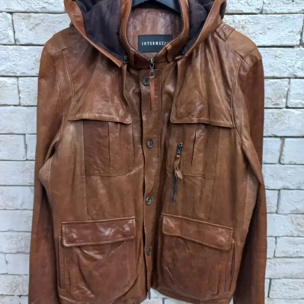 [BUNJANG] Intermezzo Leather Hooded Jacket Brown / 인터메조 가죽 후드 자켓 브라운