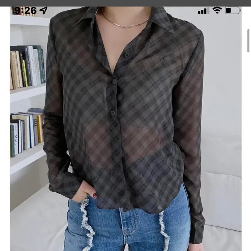 [BUNJANG] Black Up Check Pattern Chiffon Blouse Sheer Shirt / 블랙업 체크 패턴 쉬폰 블라우스 시스루셔츠