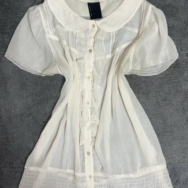 [BUNJANG] Chiffon Short-Sleeve Blouse - Ivory White / 모리걸 레트로걸 쉬폰 데일리 아이보리화이트 반팔 블라우스탑상의