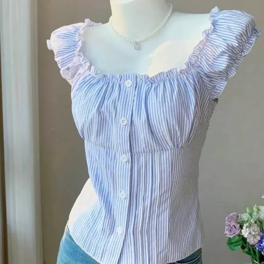 [BUNJANG] Stripe Puff Sleeve Summer Sleeveless Blouse / 에이블리 쉬인 테무 알리 스트라이프 퍼프 여름 민소매 블라우스