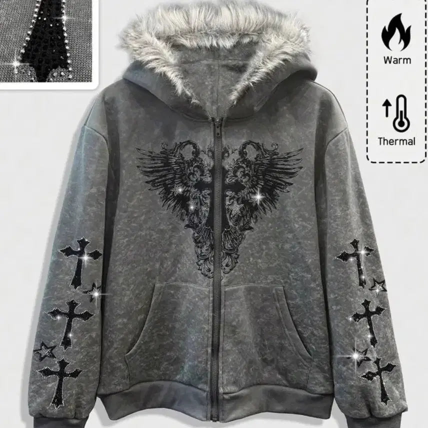 [BUNJANG] Gothic Punk Fur Hooded Zip-Up Jacket / 퍼 후드 집업 그레이 고딕 펑크 락시크 고스코어 래퍼여친 지뢰계 멘헤라 y2k