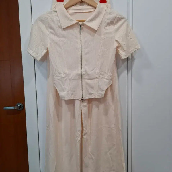 [BUNJANG] Beige Pintuck Short Sleeve Jacket & Wide Pants Set-up (New) / 베이지 핀턱 숏 반팔 자켓 & 와이드팬츠 셋업(새상품)