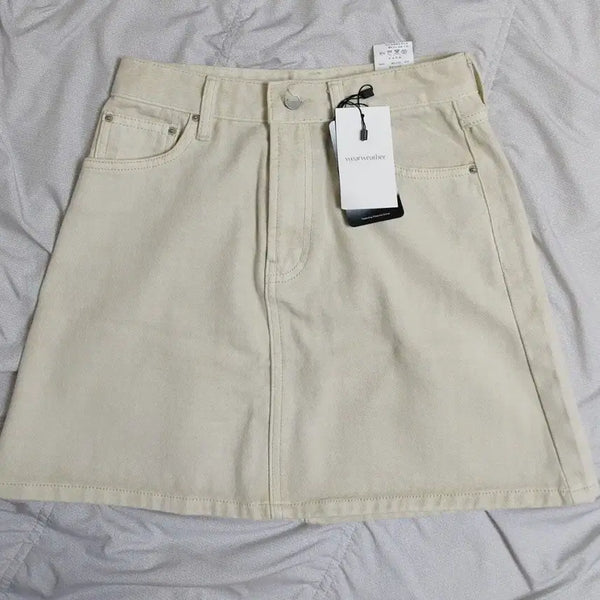 [BUNJANG] Beige Denim Mini Skirt - New / 보세 베이지색데님 미니스커트 55 새상품