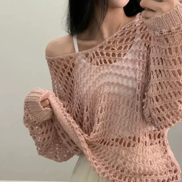 [BUNJANG] Sheer Knit Summer Loose Fit Net Top / 새상품) 네트 그물 루즈핏 망사 여름니트 핑크